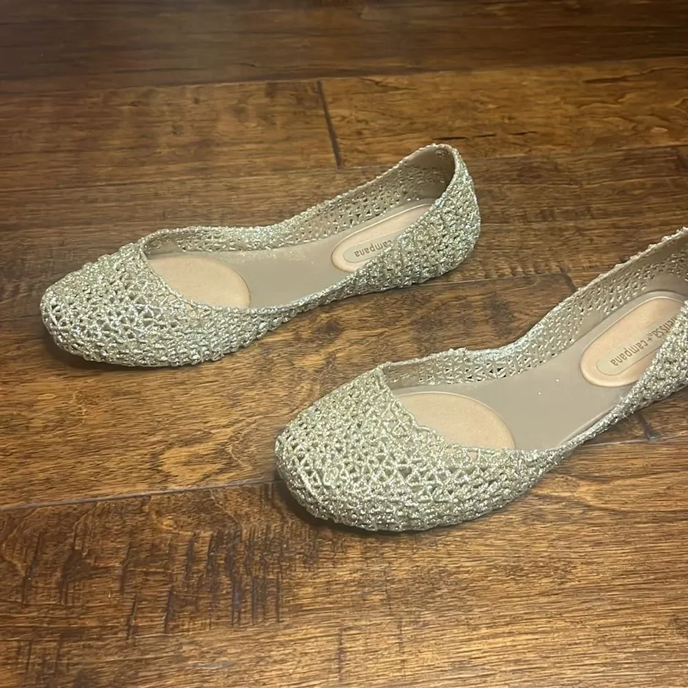 Melissa Gold Glitter Campana Papel Jelly Ballet Flats, size 6
